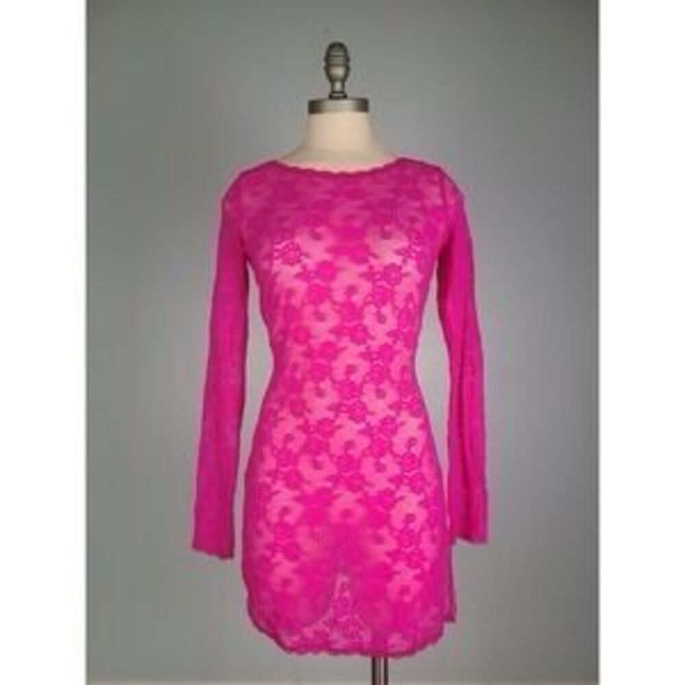 Y2K Vintage Victorias Secret Hot Pink Sheer Lace Long Sleeve Mini Dress Small
